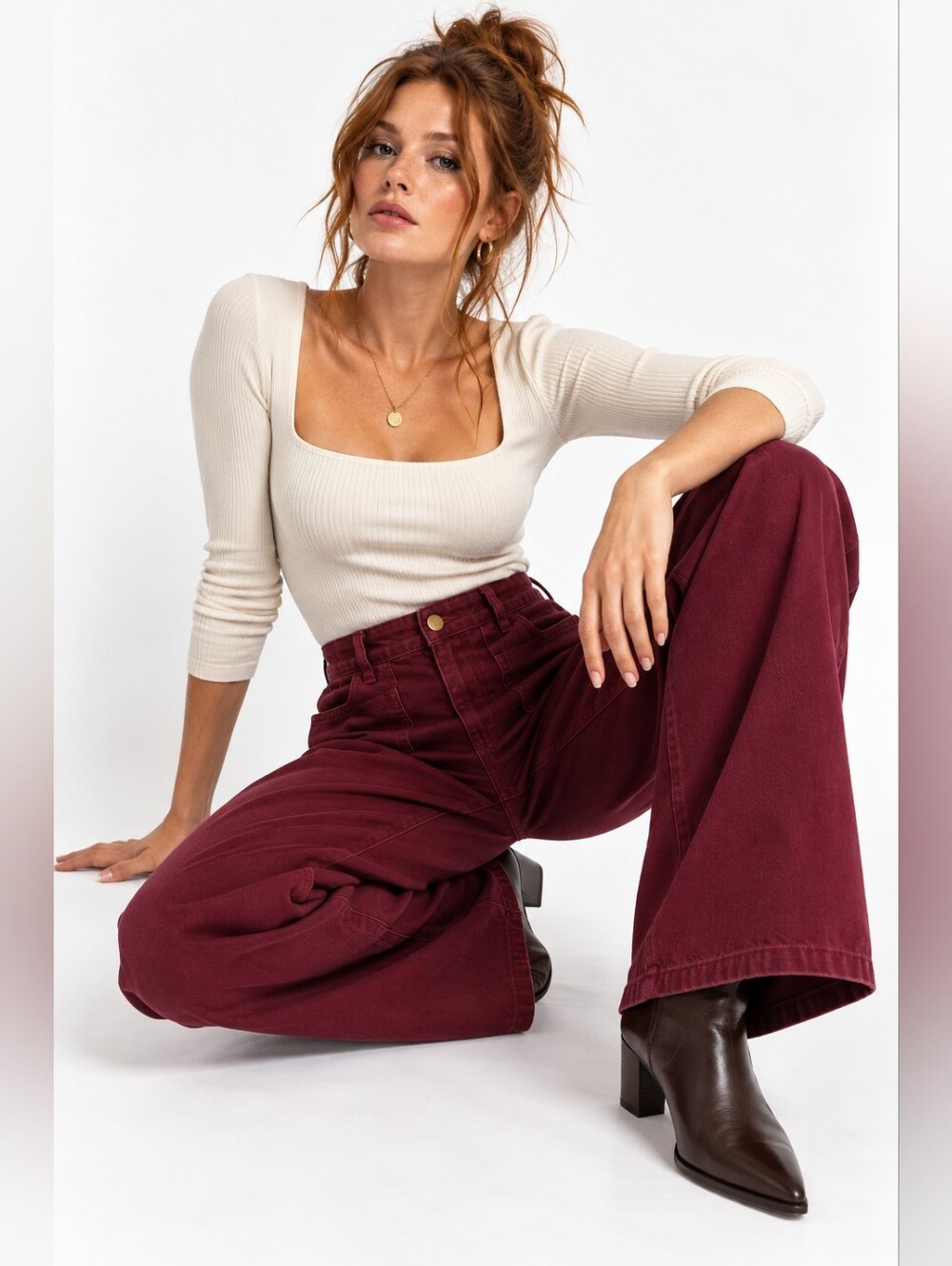 Altar’d State Burgundy Wide Leg Utility Jeans High Rise Size M